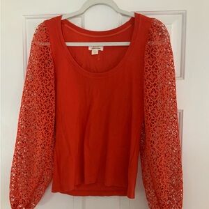 Maeve Anthropologie Red Long Sleeve Blouse with Lace Details